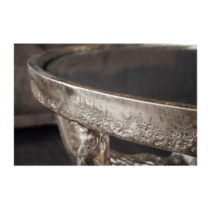 Tavolino basso TAURVIK rotondo 56 cm in alluminio bronzo e vetro stile barocco