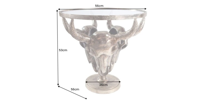Tavolino basso TAURVIK rotondo 56 cm in alluminio bronzo e vetro stile barocco
