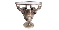 Tavolino basso TAURVIK rotondo 56 cm in alluminio bronzo e vetro stile barocco