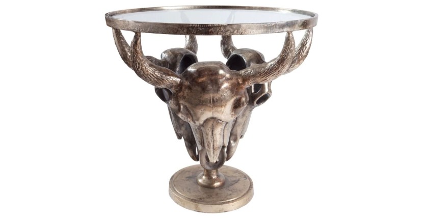 Tavolino basso TAURVIK rotondo 56 cm in alluminio bronzo e vetro stile barocco
