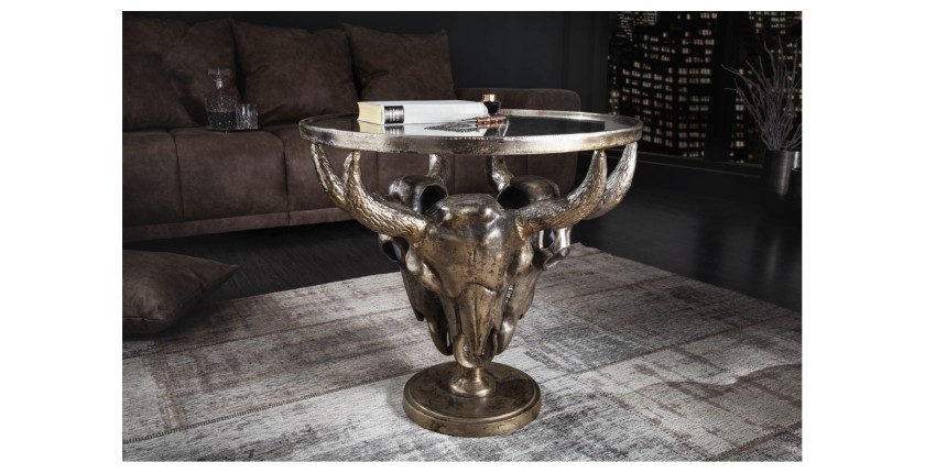 Tavolino basso TAURVIK rotondo 56 cm in alluminio bronzo e vetro stile barocco