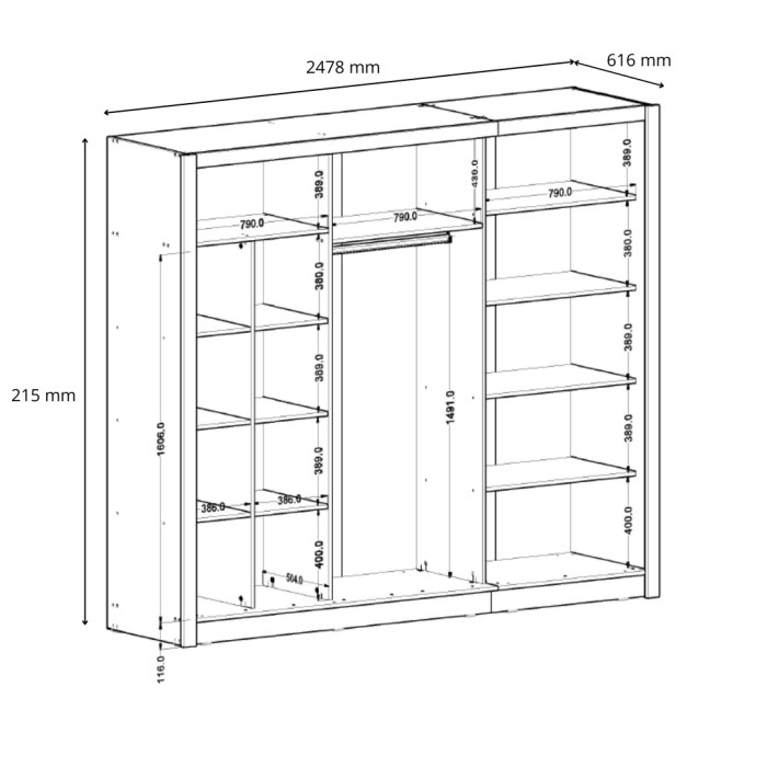 Schrank OZZULA mit 3 Schiebetüren und Spiegel in Sonoma-Eiche 248 cm
