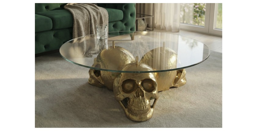 Mesa baja CRANY redonda 90 cm en aluminio dorado y vidrio templado estilo barroco