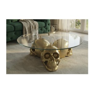Mesa baja CRANY redonda 90 cm en aluminio dorado y vidrio templado estilo barroco