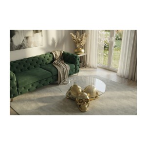 Mesa baja CRANY redonda 90 cm en aluminio dorado y vidrio templado estilo barroco