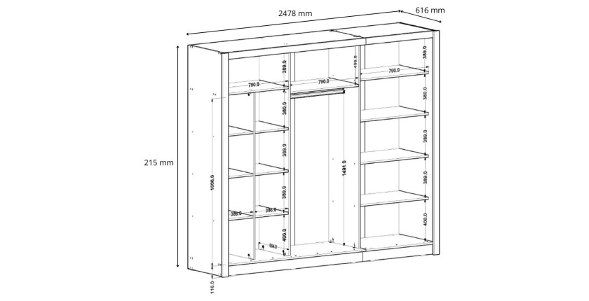 Armoire OZZULA 3 portes coulissantes avec miroir gris anthracite 248 cm