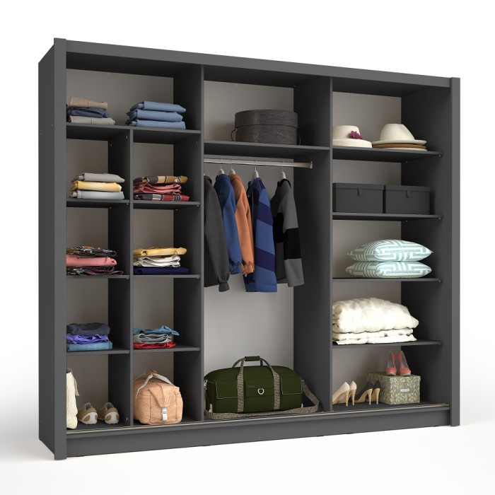 Schrank OZZULA mit 3 Schiebetüren und Spiegel in Anthrazitgrau 248 cm