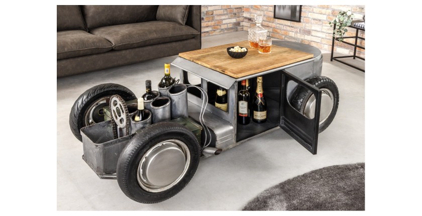Tavolino CARROAD 165 cm in acciaio e legno di mango stile auto d'epoca