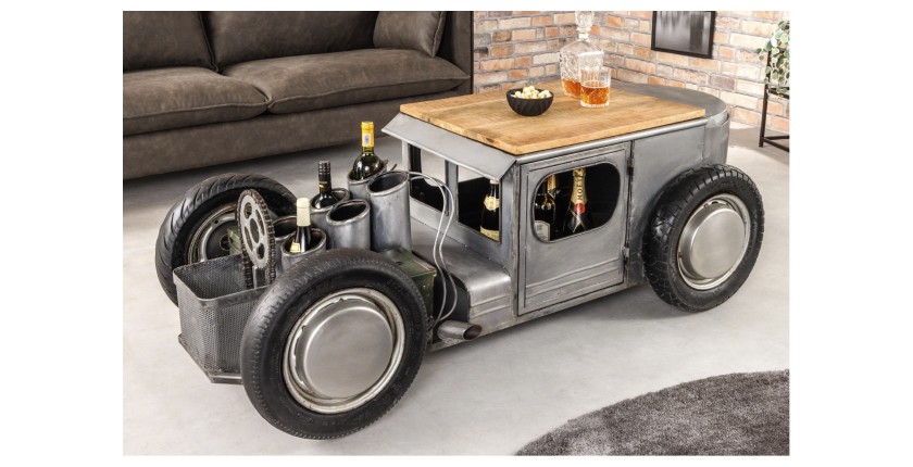 Tavolino CARROAD 165 cm in acciaio e legno di mango stile auto d'epoca