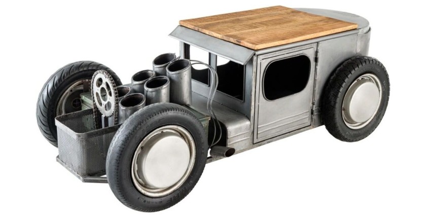 Tavolino CARROAD 165 cm in acciaio e legno di mango stile auto d'epoca