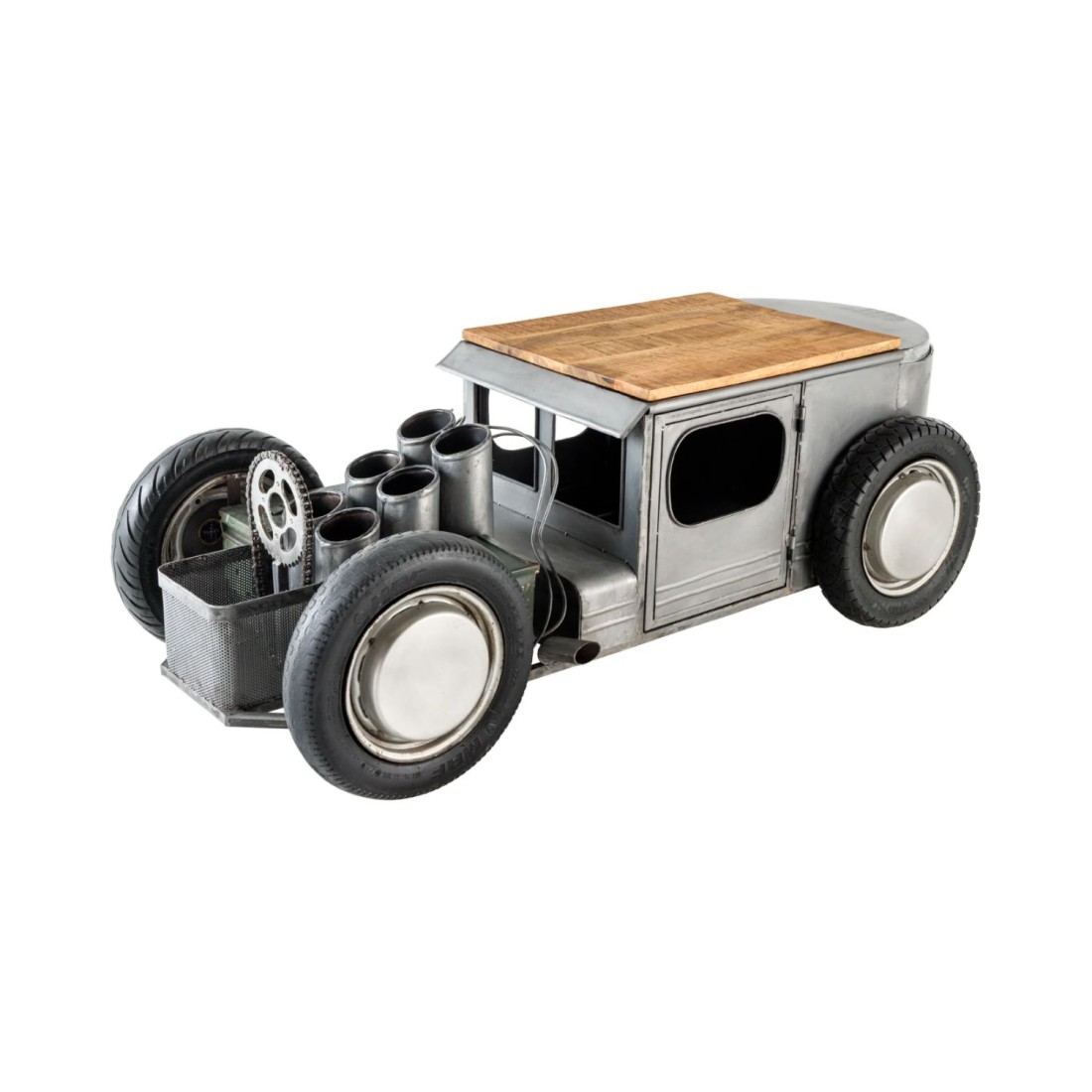Tavolino CARROAD 165 cm in acciaio e legno di mango stile auto d'epoca