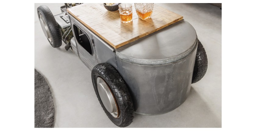 Tavolino CARROAD 165 cm in acciaio e legno di mango stile auto d'epoca