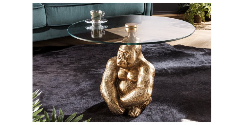 Mesa baja GORILOX redonda 60 cm en aluminio dorado y vidrio templado