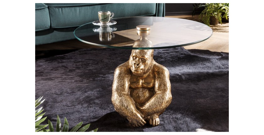 Mesa baja GORILOX redonda 60 cm en aluminio dorado y vidrio templado