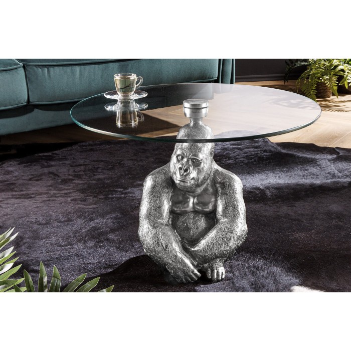Mesa baja GORILOX redonda 60 cm en aluminio plateado y vidrio templado