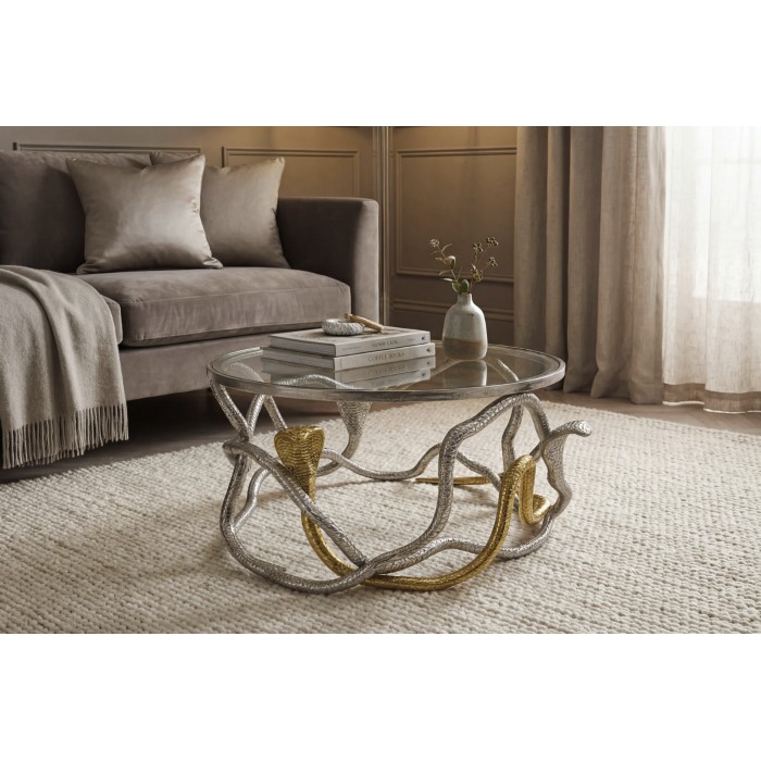 Tavolino basso VIPEREA rotondo 67 cm in alluminio argentato e dorato con vetro temperato