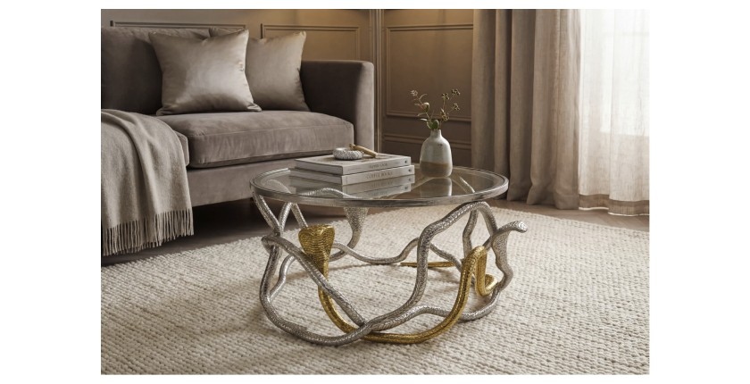 Table basse VIPEREA 67cm dorée et argentée vue de face éloignée