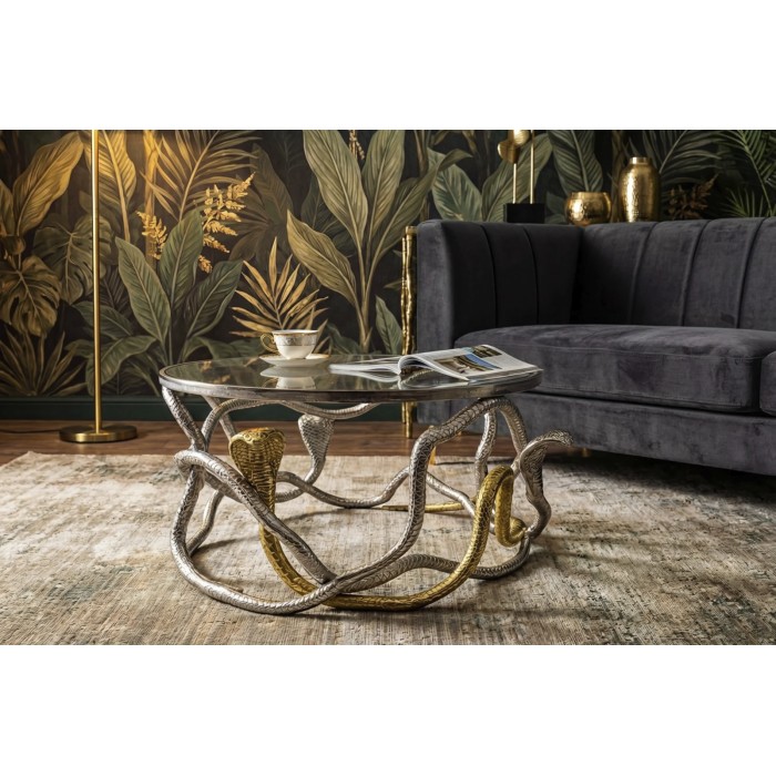 Tavolino basso VIPEREA rotondo 67 cm in alluminio argentato e dorato con vetro temperato