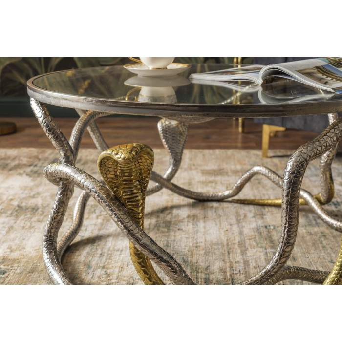 Tavolino basso VIPEREA rotondo 67 cm in alluminio argentato e dorato con vetro temperato