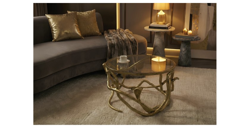 Table basse VIPEREA dorée 67cm vue de haut et de nuit