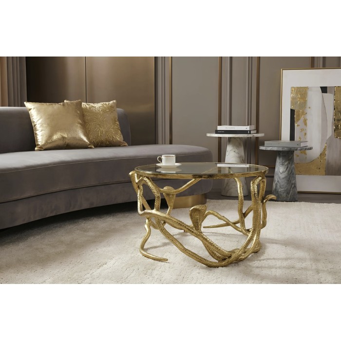 Tavolino basso VIPEREA rotondo 67 cm dorato con serpenti in alluminio e vetro temperato