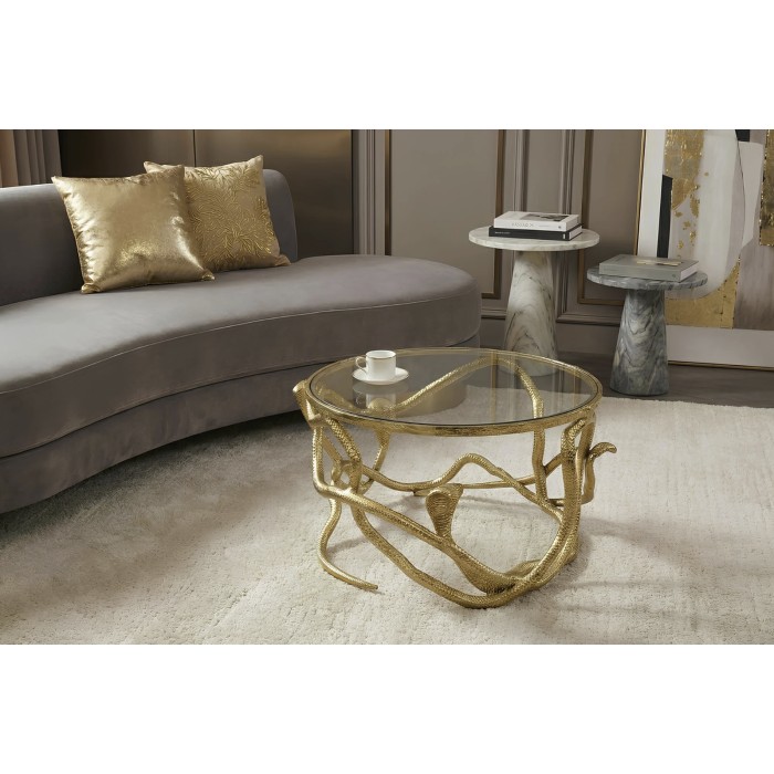 Tavolino basso VIPEREA rotondo 67 cm dorato con serpenti in alluminio e vetro temperato