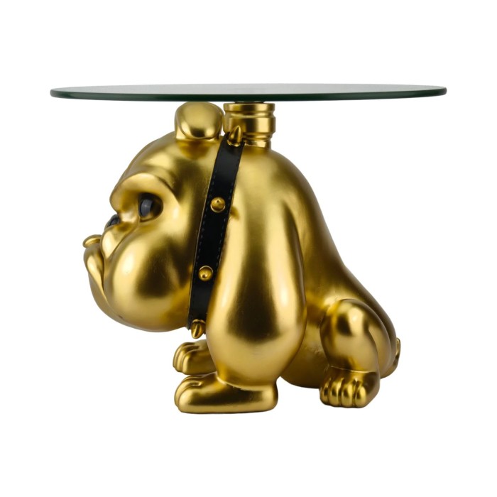 Runder Couchtisch DOGARO mit goldenem Hundefuß und Glasplatte