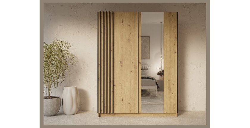 Armoire VARIA 2 portes coulissantes avec miroir chêne et noir 150 cm
