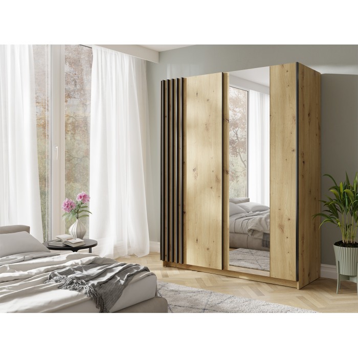 Armoire VARIA 2 portes coulissantes avec miroir chêne et noir 150 cm