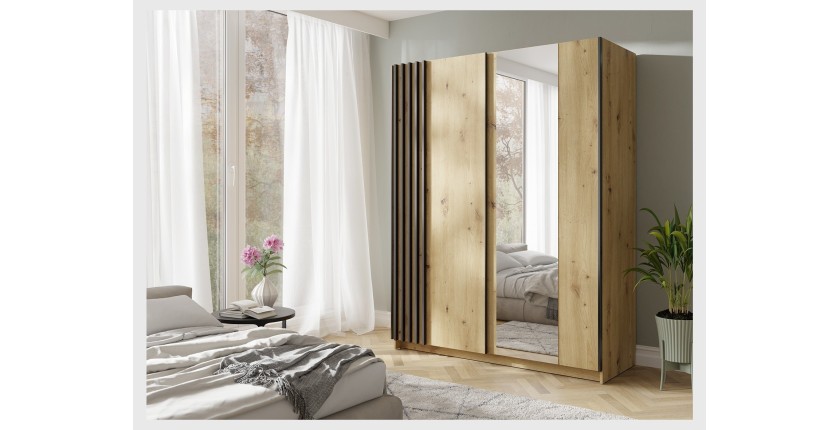Armoire VARIA 2 portes coulissantes avec miroir chêne et noir 150 cm