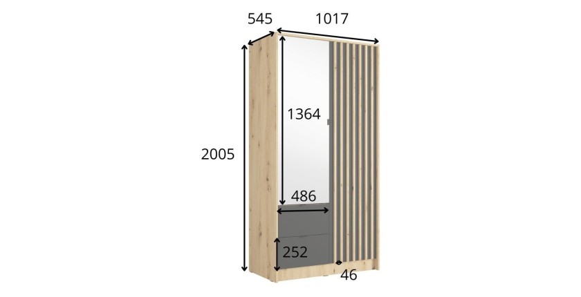 Armoire TORVIK 2 portes avec miroir, tiroirs et tasseaux décoratifs 101 cm