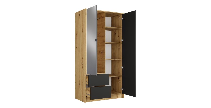Armoire TORVIK 2 portes avec miroir, tiroirs et tasseaux décoratifs 101 cm