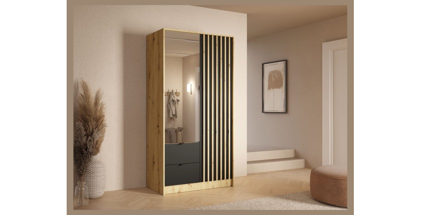 Armoire TORVIK 2 portes avec miroir, tiroirs et tasseaux décoratifs 101 cm