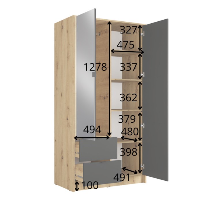 Schrank TORVIK mit 2 Türen, Spiegel, Schubladen und Leisten in Schwarz und Eiche 101 cm