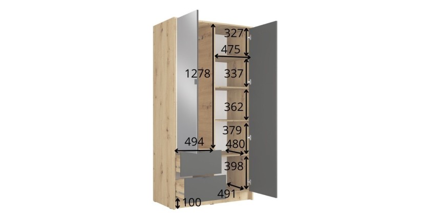 Armoire TORVIK 2 portes avec miroir, tiroirs et tasseaux noir et chêne 101 cm