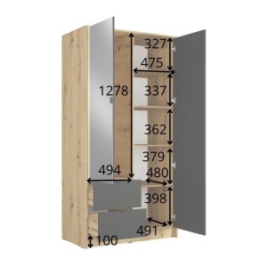 Armoire TORVIK 2 portes avec miroir, tiroirs et tasseaux noir et chêne 101 cm