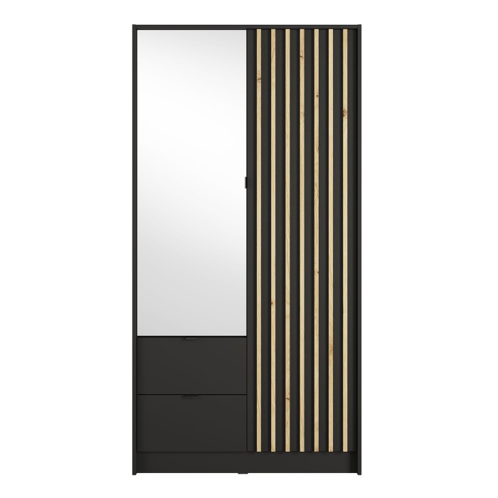 Schrank TORVIK mit 2 Türen, Spiegel, Schubladen und Leisten in Schwarz und Eiche 101 cm