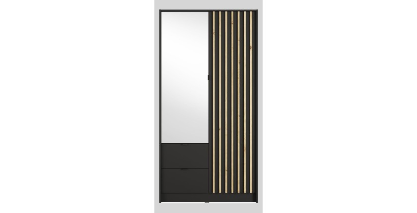 Armoire TORVIK 2 portes avec miroir, tiroirs et tasseaux noir et chêne 101 cm