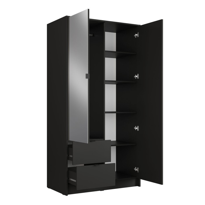 Schrank TORVIK mit 2 Türen, Spiegel, Schubladen und Leisten in Schwarz und Eiche 101 cm