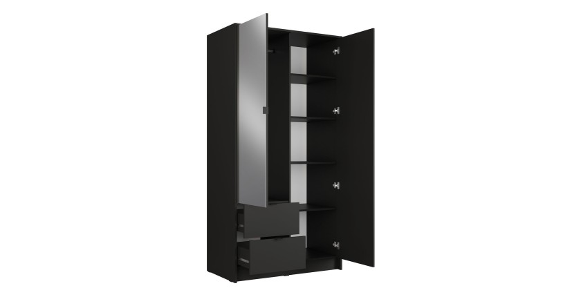 Armoire TORVIK 2 portes avec miroir, tiroirs et tasseaux noir et chêne 101 cm