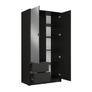 Armoire TORVIK 2 portes avec miroir, tiroirs et tasseaux noir et chêne 101 cm