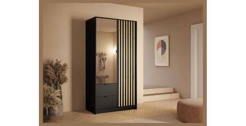 Armoire TORVIK 2 portes avec miroir, tiroirs et tasseaux noir et chêne 101 cm
