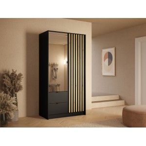 Armoire TORVIK 2 portes avec miroir, tiroirs et tasseaux noir et chêne 101 cm
