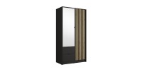 Armoire TORVIK 2 portes avec miroir, tiroirs et tasseaux noir et chêne 101 cm