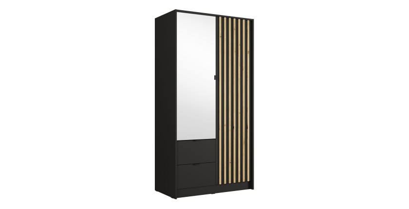 Armoire TORVIK 2 portes avec miroir, tiroirs et tasseaux noir et chêne 101 cm