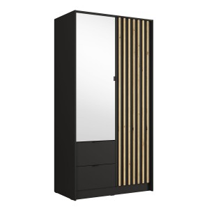 Armoire TORVIK 2 portes avec miroir, tiroirs et tasseaux noir et chêne 101 cm