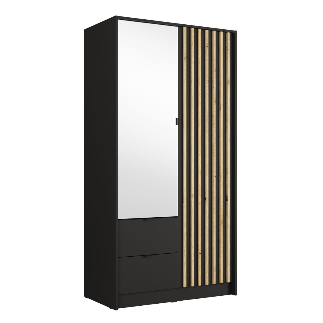 Armoire TORVIK 2 portes avec miroir, tiroirs et tasseaux noir et chêne 101 cm