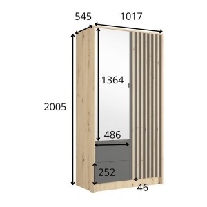 Armoire TORVIK 2 portes avec miroir, tiroirs et tasseaux noir et chêne 101 cm