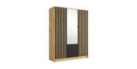 Armoire TORVIK 3 portes avec miroir, tiroirs et tasseaux noir et chêne 150 cm