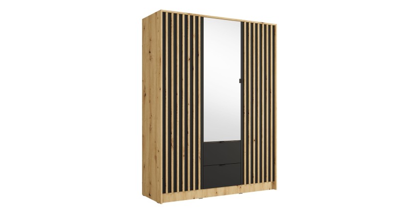 Armoire TORVIK 3 portes avec miroir, tiroirs et tasseaux noir et chêne 150 cm